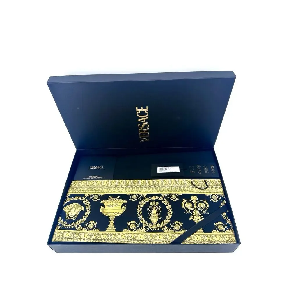 NIB Versace Home Bed Sheet Set 4 Pieces Black Gold Barocco Print Size King